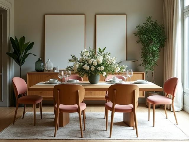 Spiseplass med elegant spisebord, stoler og et sentralt blomsterarrangement fra Blomster Hus