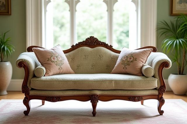 Elegant sofa med blomstermønster og skulpturerte treben